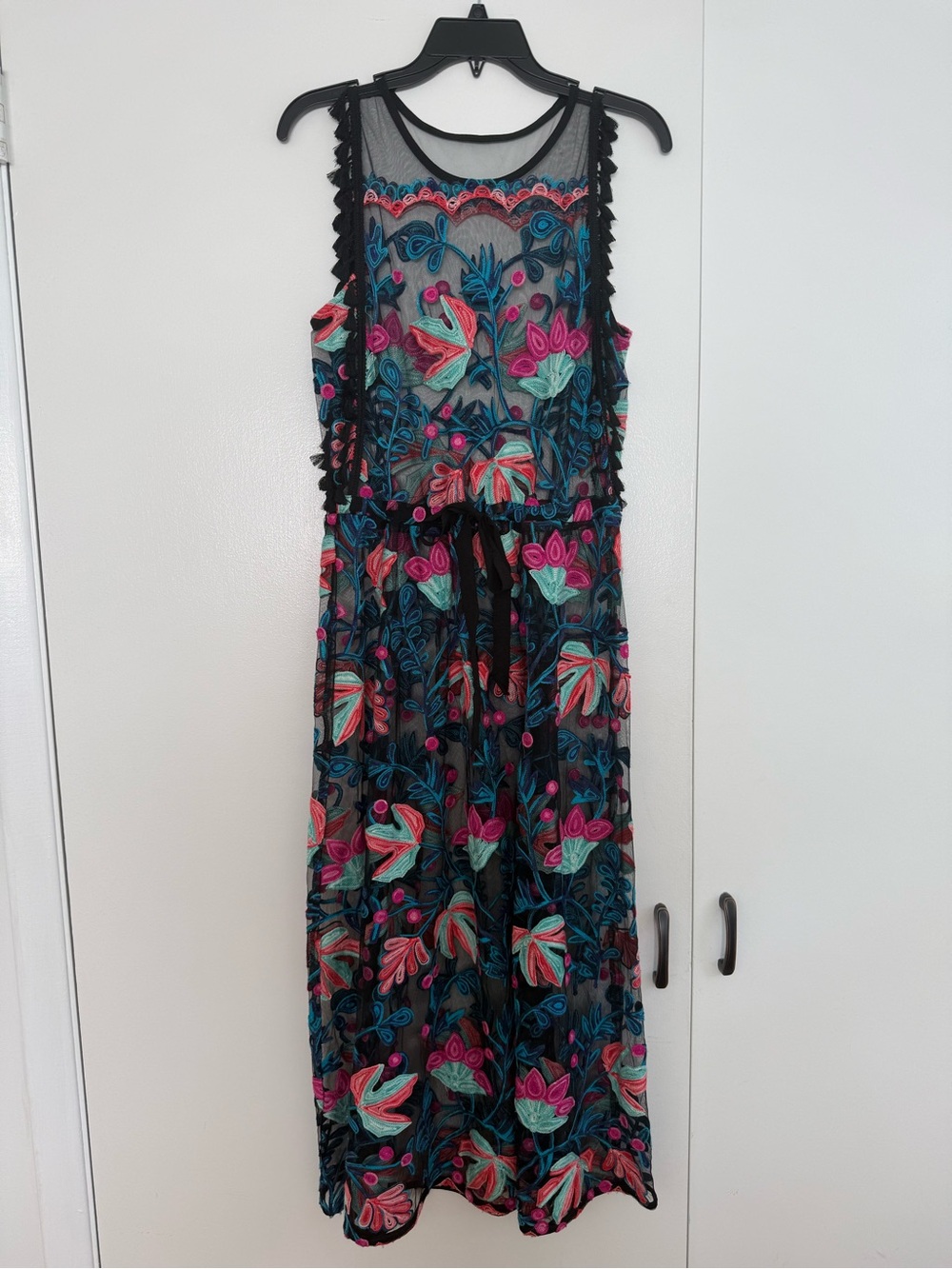 Anthropologie Black Sheer Maxi Dress with Teal & Pink Floral Embroidery